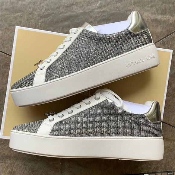 MICHAEL KORS POPPY LACE UP GLITTER CHAIN MESH SILV - Picture 11 of 16